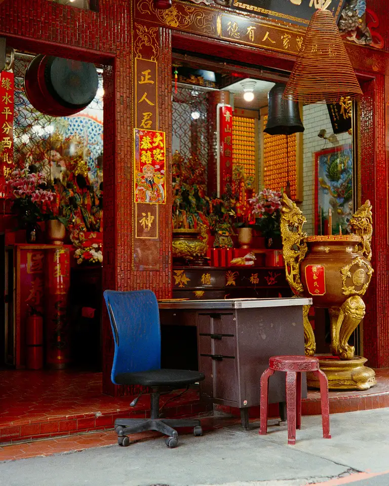 Blue chair at a temple